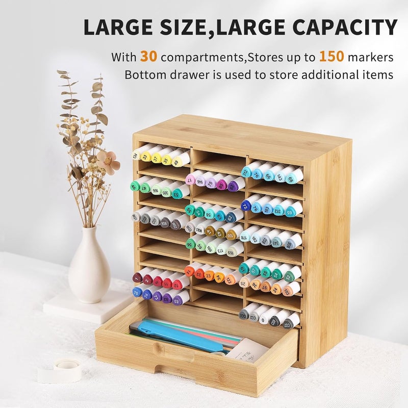 AUTOARK Bamboo Marker Organizer for 150 Markers, Desktop Storage with Drawers, Art Pens Pencils Art Brushes Stationary Organizer, AHK-060 - Image 3